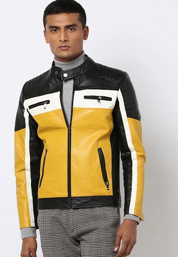 Erkekler için Colorblock Sarı ve Siyah Slim Fit Biker Ceket