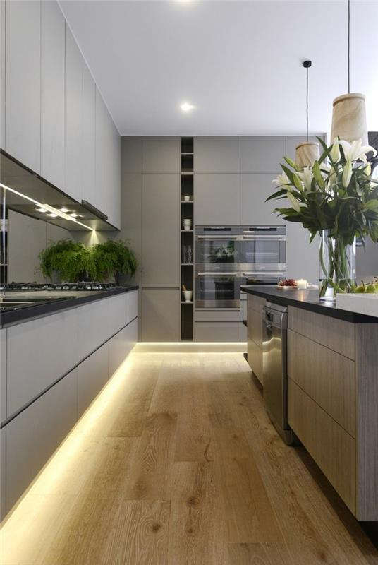 led κουζίνα φωτισμός ξύλινο πάτωμα κουζίνα φυτά νησιού