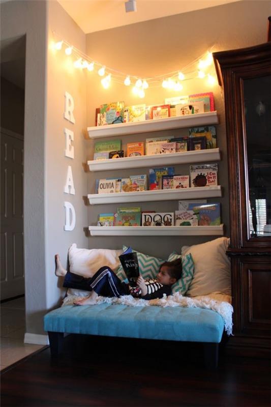 γωνιά ανάγνωσης παιδικό δωμάτιο ράφια ανοιχτών τοίχων βιβλιοθήκες