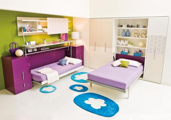μοβ κλινοσκεπάσματα κοριτσίστικο παιδικό δωμάτιο μπλε δρομείς δαπέδου