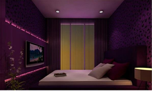 μοβ ιδέες σχεδιασμού κρεβατοκάμαρας σκούρα χρώματα τηλεόραση
