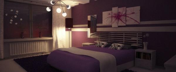 μοβ κρεβατοκάμαρα διακόσμηση τοίχου φωτισμός κρεβατιού