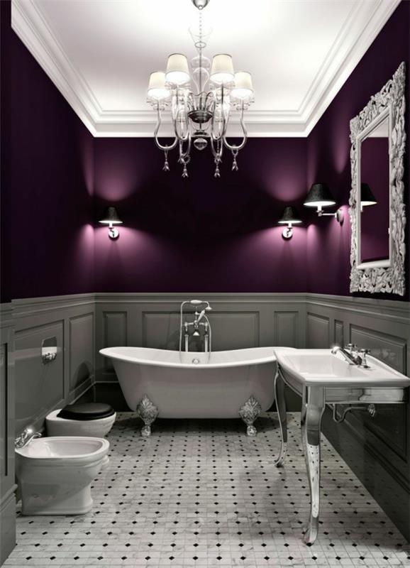 μοβ και γκρι συνδυασμός χρώματος στον πολυέλαιο του μπάνιου