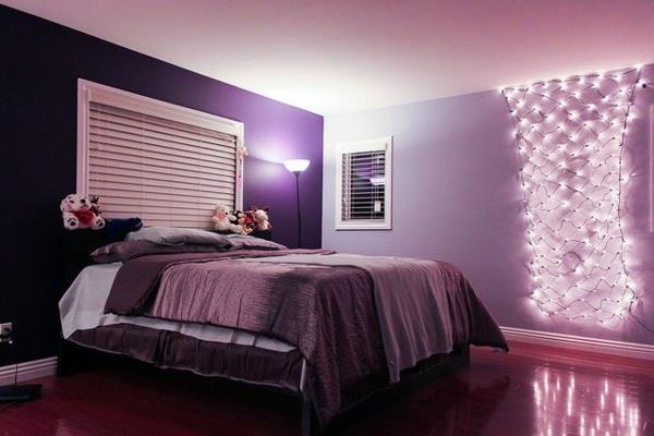 μοβ ιδέες σχεδιασμού δωματίου φωτισμός κρεβατιού