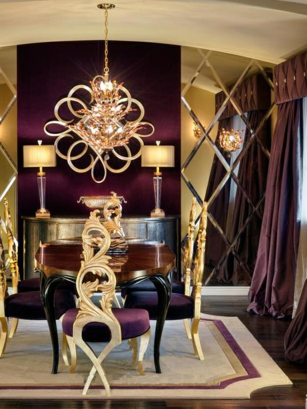 μοβ ιδέες διακόσμησης δωματίου χρυσές πινελιές τραπέζι πολυέλαιου