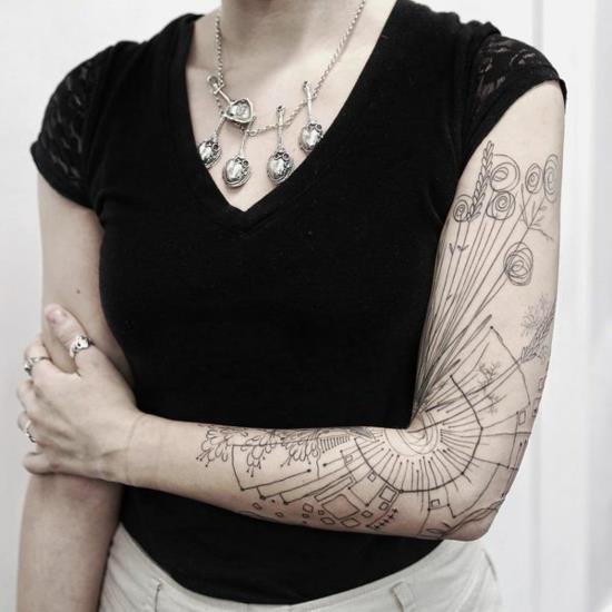 γραμμικές γραφικές ιδέες τατουάζ μανικιών για γυναίκες