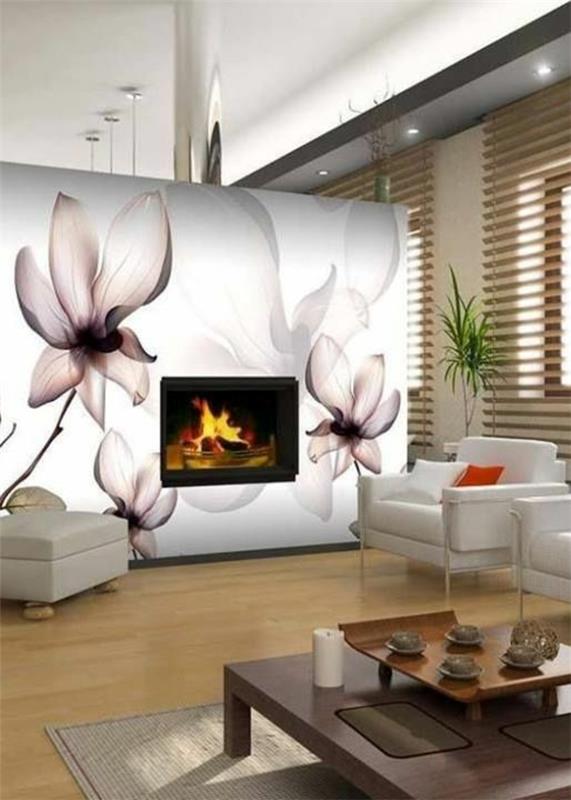 πολυτελής διακόσμηση τοίχου σαλόνι τζάκι με διακόσμηση πολυθρόνας λουλουδιών