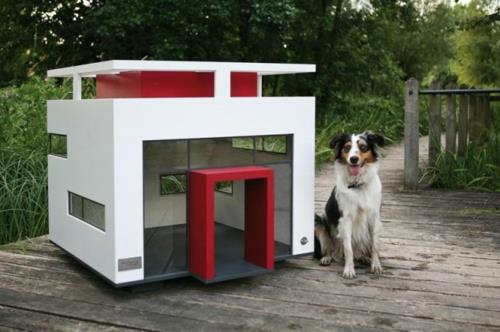 πολυτελές σπίτι σκυλιών σχεδιάζει μοντέρνα γεωμετρικά σχήματα λευκό κόκκινο