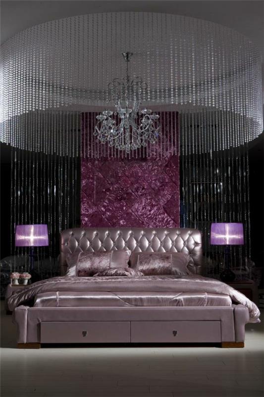 πολυτελή μοβ ιδέες σχεδιασμού κρεβατοκάμαρας πολυέλαιος κρεβατιού
