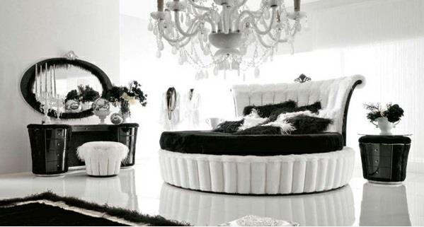 πολυτελείς ιδέες σχεδιασμού κρεβατοκάμαρας μαύρο και άσπρο πολυέλαιος στρογγυλού κρεβατιού