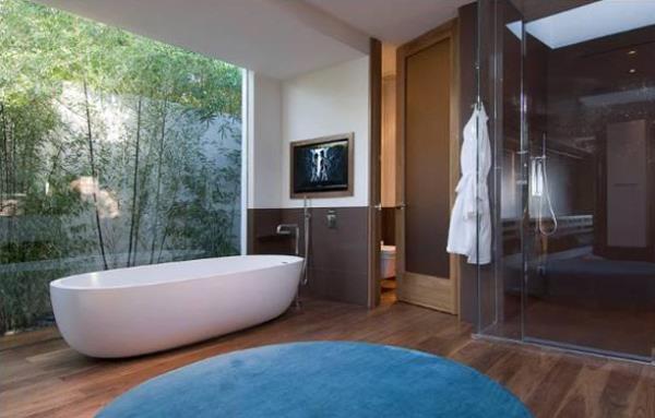 πολυτελές μονό διαμέρισμα μπανιέρα φωτογραφία ταπετσαρία χαλί μπλε μπάνιο