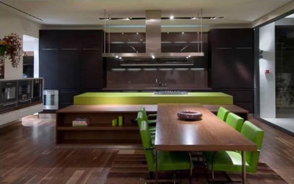 πολυτελές μονό διαμέρισμα πράσινη κουζίνα πάγκου καρέκλα ξύλο