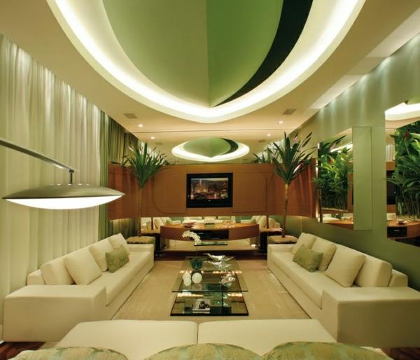 πολυτελές σχέδιο σαλονιού σε πράσινη οροφή διακόσμηση γυάλινο τραπέζι