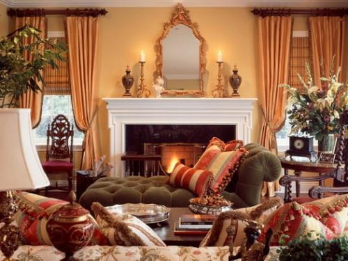 πολυτελές σαλόνι μίξη χρωμάτων υφές ιδέα ενσωματωμένο τζάκι ρουστίκ στυλ
