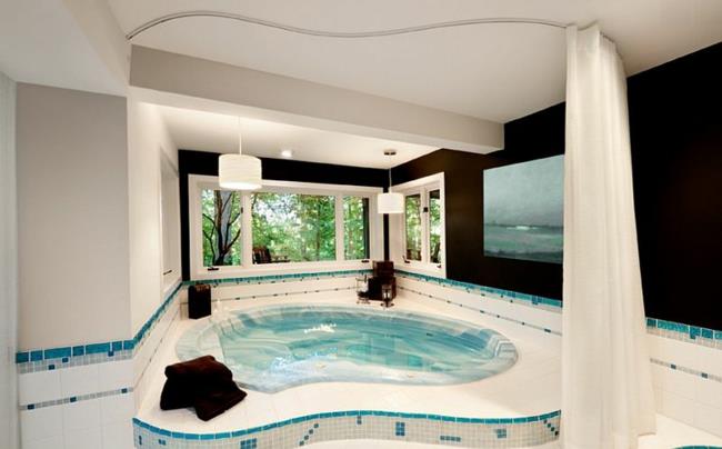 πολυτελές μπανιέρα ευεξίας στο σπίτι με κουρτίνα πλακάκι τζακούζι μοντέρνο μπάνιο