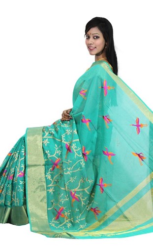 „Aqua Blue Maheshwari“ spausdinta medvilnė Saree