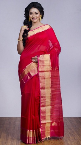 Karšta rožinė Maheshwari Saree su auksiniu Zari