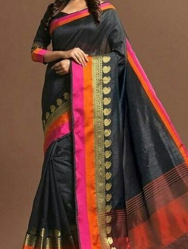 Juoda Maheshwari šilko saree su oranžine ir rožine siena