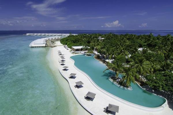 Μαλδίβες διακοπές πισίνα λιμνοθάλασσα φοίνικες παραλία λευκή άμμος