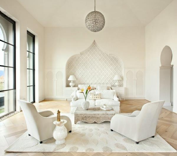 μαροκινό σικ σπίτι λευκό βαθύ σωρό χαλί στρογγυλό πολυέλαιο
