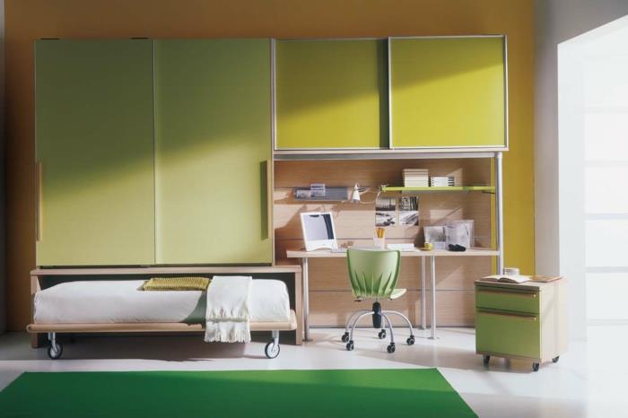 έπιπλα παιδικό δωμάτιο πράσινο χαλί πτυσσόμενο γραφείο κρεβατιού