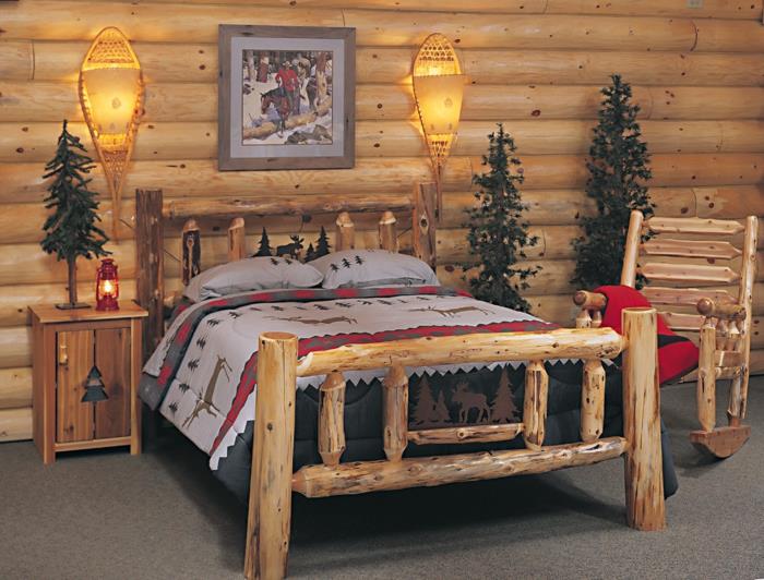 έπιπλα εξοχικό στυλ υπνοδωμάτιο ξύλινο κρεβάτι ξύλινος τοίχος όμορφη διακόσμηση τοίχου