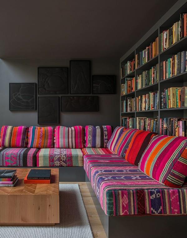 έπιπλα υφάσματα χρωματιστά σχέδια ετερόκλητο σαλόνι καναπέ