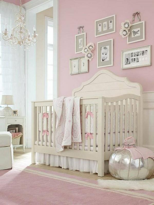 κοριτσάκι βρεφικό δωμάτιο ανοιχτό ροζ τοίχοι ροζ χαλί λευκό βρεφικό κρεβάτι
