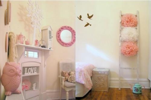 κρεβατοκάμαρα κοριτσιού σε shabby chic στιλ παστέλ χρωματιστό κουκουβάγια διακόσμησης