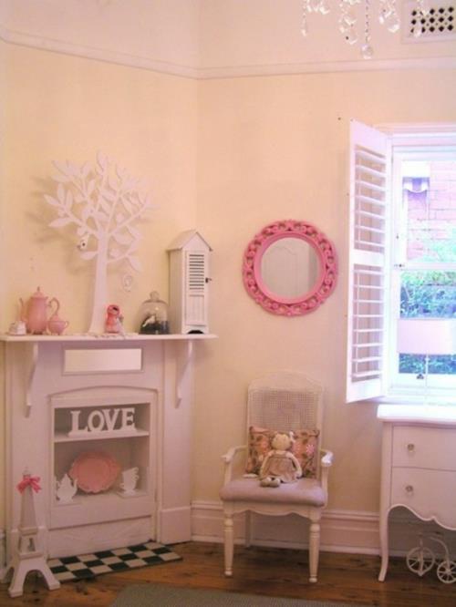 κρεβατοκάμαρα κοριτσιού σε shabby chic στιλ ροζ στρογγυλός καθρέφτης