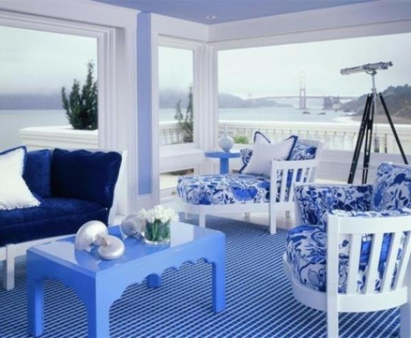 Θέα στη θάλασσα μπλε λευκό παστέλ τραπέζι ιδέα ιδέα εξωτερική αυλή