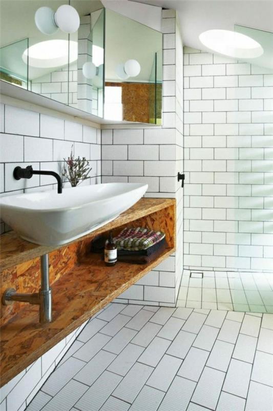 πλακάκια μετρό μπάνιο ασυνήθιστος συνδυασμός σχεδιασμού τοίχου με ξύλο