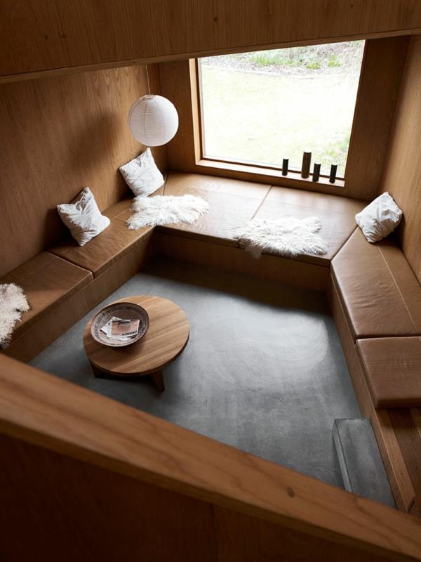 μινιμαλιστικό σχεδιασμένο ξύλινο παράθυρο καθισμάτων καλοκαιρινής κατοικίας