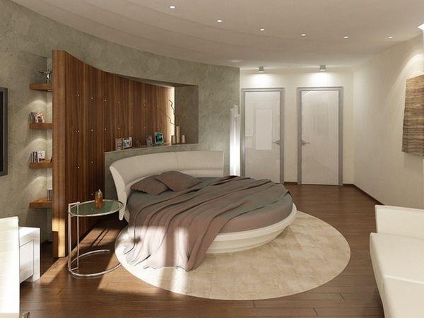 μινιμαλιστικό στρογγυλό κρεβάτι κρεβατοκάμαρα στρογγυλό χαλί ξύλινο πάτωμα