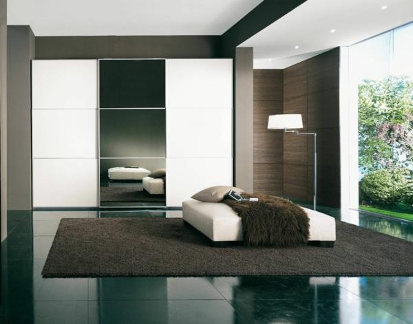 μινιμαλιστικό υπνοδωμάτιο χαλί κρεβάτι ξύλινη υφή ντουλάπα