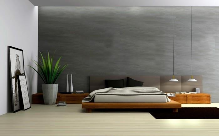 μινιμαλιστικό μοντέρνο υπνοδωμάτιο κρεμαστά φωτιστικά σκούρο χαλί
