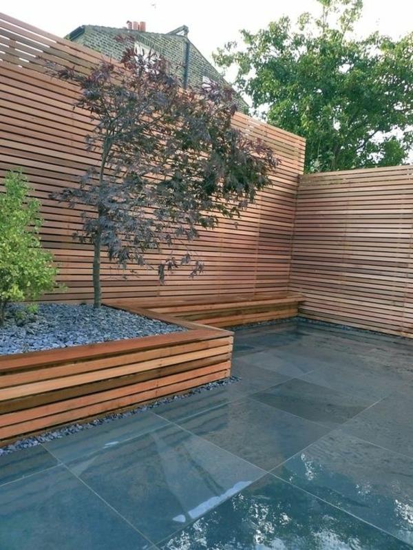 μινιμαλιστικές ιδέες σχεδιασμού κήπου ξύλινο πάτωμα φράχτη