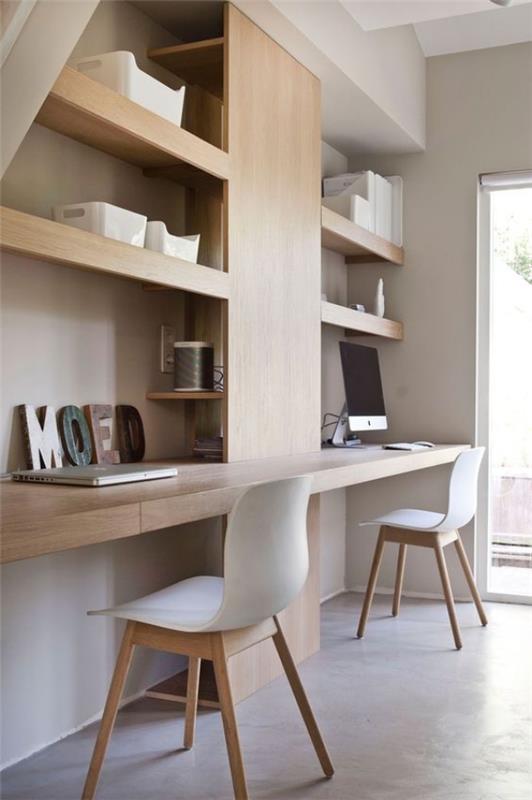 μινιμαλιστικό ανοιχτό ξύλο γραφείου στο σπίτι με λευκό και γκρι συνδυάζει καλές μονάδες ραφιών