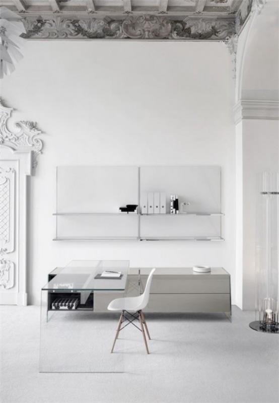 μινιμαλιστικό γραφείο στο σπίτι ενδιαφέρουσα σχεδίαση μείγμα στυλ γυάλινο γραφείο λευκό χρώμα διακοσμητικά στοιχεία στην οροφή