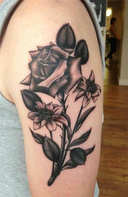 ιδέες τατουάζ άνω βραχίονα λουλούδια και τριαντάφυλλο