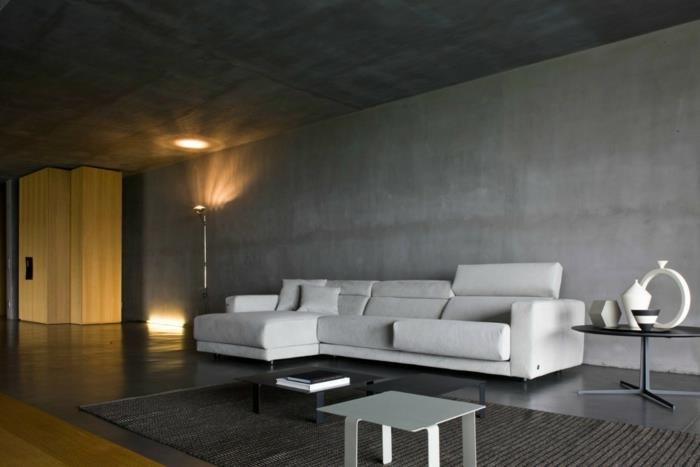μοντέρνα επίπλωση λευκό καναπέ χαλί γκρι τοίχο σχεδιασμό