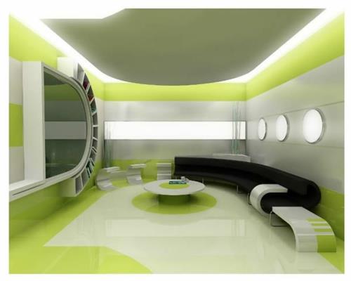 μοντέρνος φουτουριστικός πράσινος φωτισμός έμμεσος καναπές μαύρο τραπέζι