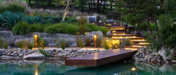 μοντέρνα σχεδίαση κήπου ξύλινη πισίνα με χαλίκι