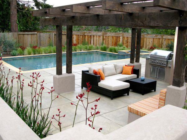 μοντέρνο πολυτελές καθιστικό κήπο πισίνα πέργκολα έπιπλα μπαστούνι μαύρο