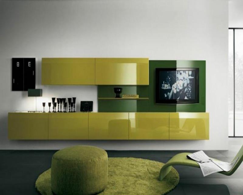 μοντέρνα μονάδα τοίχου με πράσινο γυαλιστερό πρακτικό τοίχο τηλεόρασης