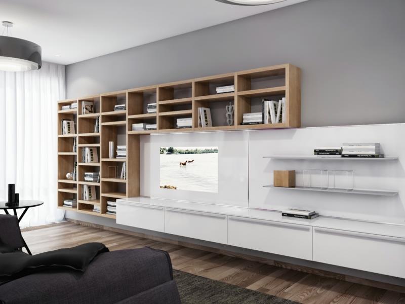 σύγχρονες ξύλινες βιβλιοθήκες μονάδας τοίχου με λευκό γυαλιστερό πρακτικό τοίχο τηλεόρασης