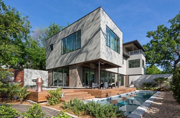 μοντέρνα αρχιτεκτονικά σπίτια κήπος με ξύλινη βεράντα με πισίνα