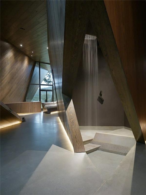 μοντέρνα αρχιτεκτονική και γλυπτική σχεδίαση ντους από ξύλο από σκυρόδεμα μοντέρνο μπάνιο
