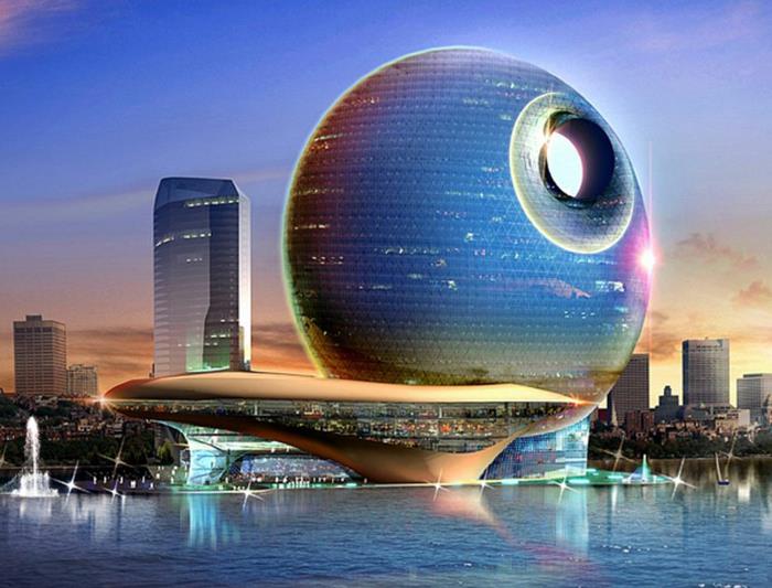 σύγχρονη αρχιτεκτονική μελλοντικές απόψεις μουσείο του μελλοντικού ουρανοξύστη ελαφριά τολμηρή σφαίρα