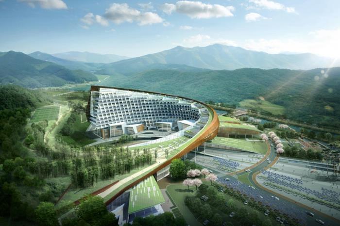 μοντέρνα αρχιτεκτονική μελλοντικές απόψεις μουσείο του μελλοντικού ουρανοξύστη φωτεινό τολμηρό πράσινο μέλλον